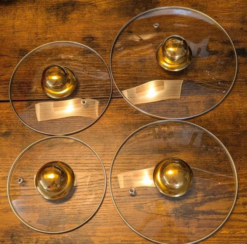 Set of 4 Replacement Tempered Glass Pot Lids with Gold Tone Knobs